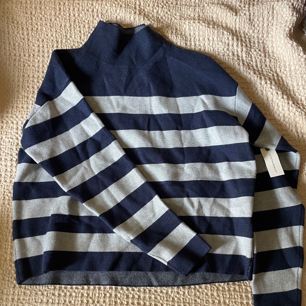 Anthropologie Striped Navy and Light Gray women’s mock neck sweater